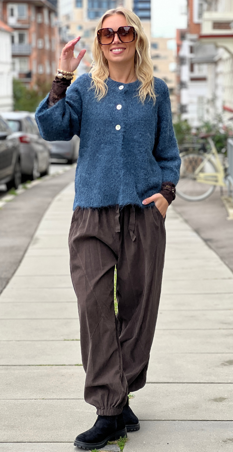 Lulu ensfarvet cardigan med 3/4 ærmer moonlit ocean melange Freequent