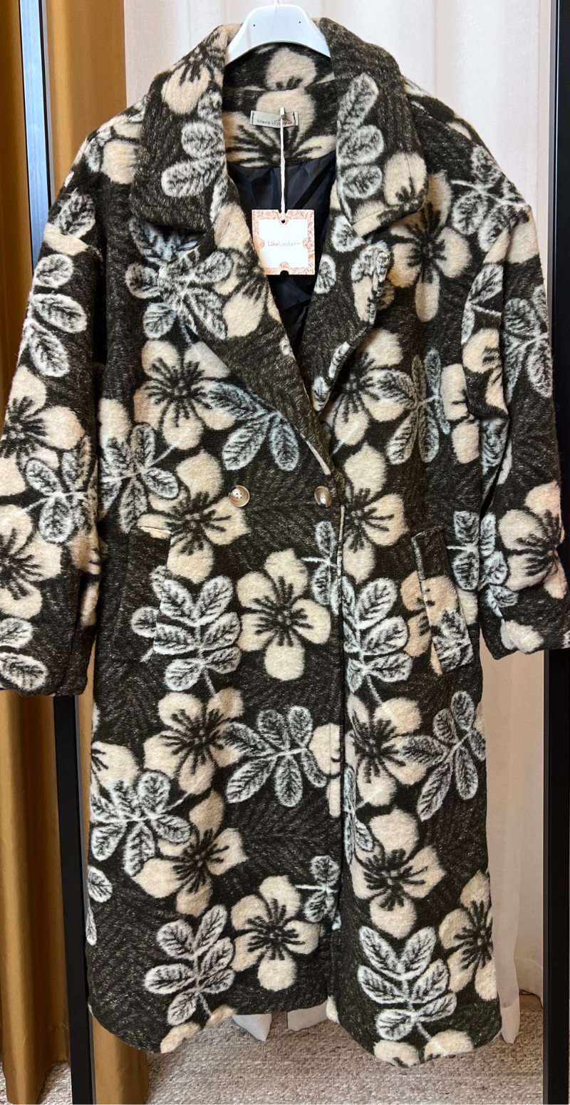 Nilla uld jakke med lommer og blomstermotiv military LikeLondon