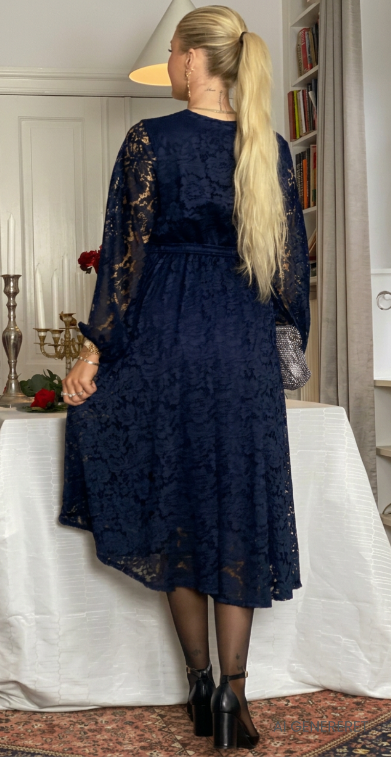 navy blondekjole med lange ærmer, wrap-effekt foran og bindebånd i taljen set bagfra