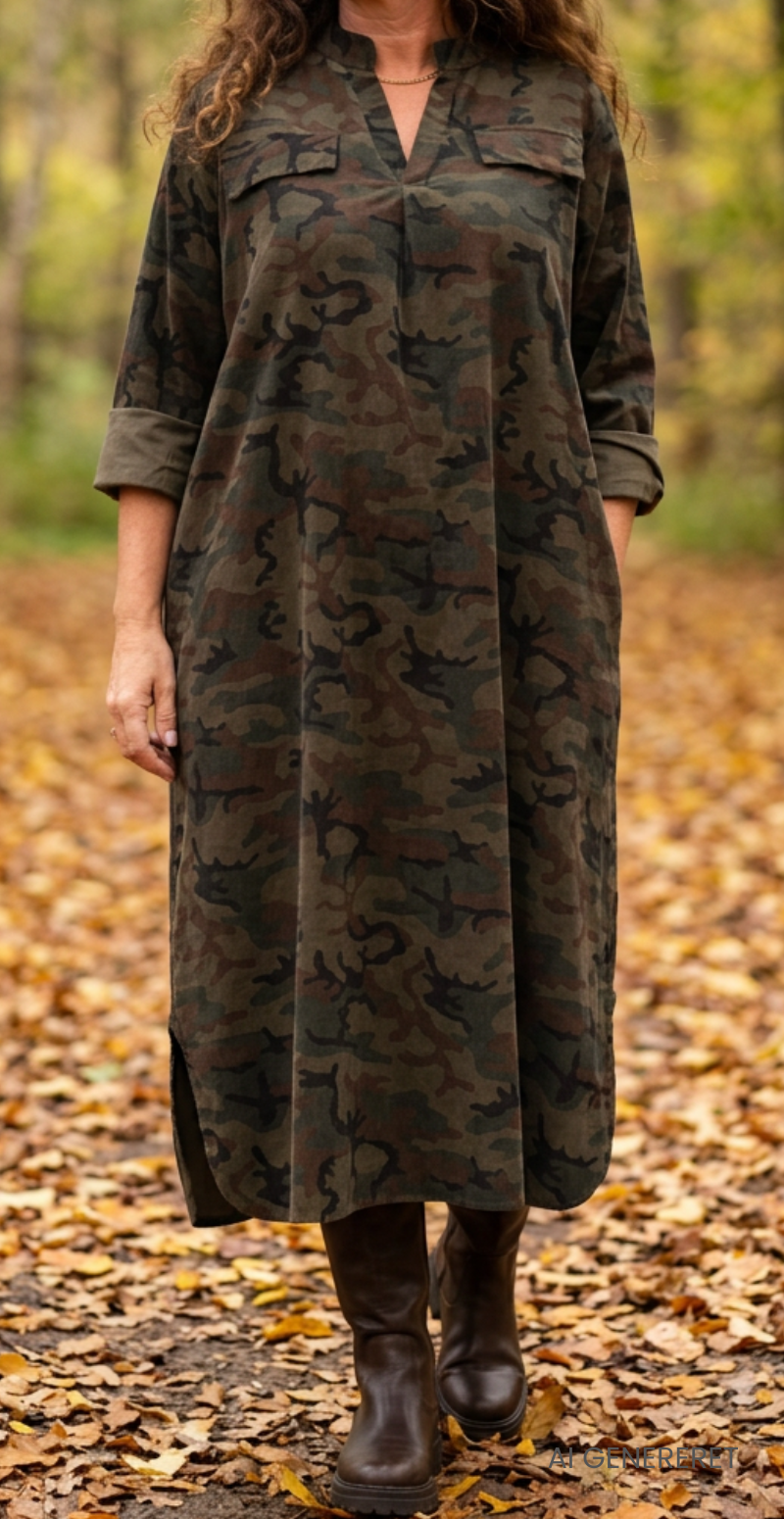 Augusta fløjlskjole med camouflage og lommer camouflage brun LikeLondon