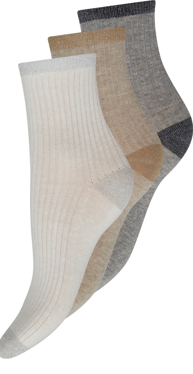 3-pak bomuldsstrømper i neutrale farver med glimmerkant  Decoy