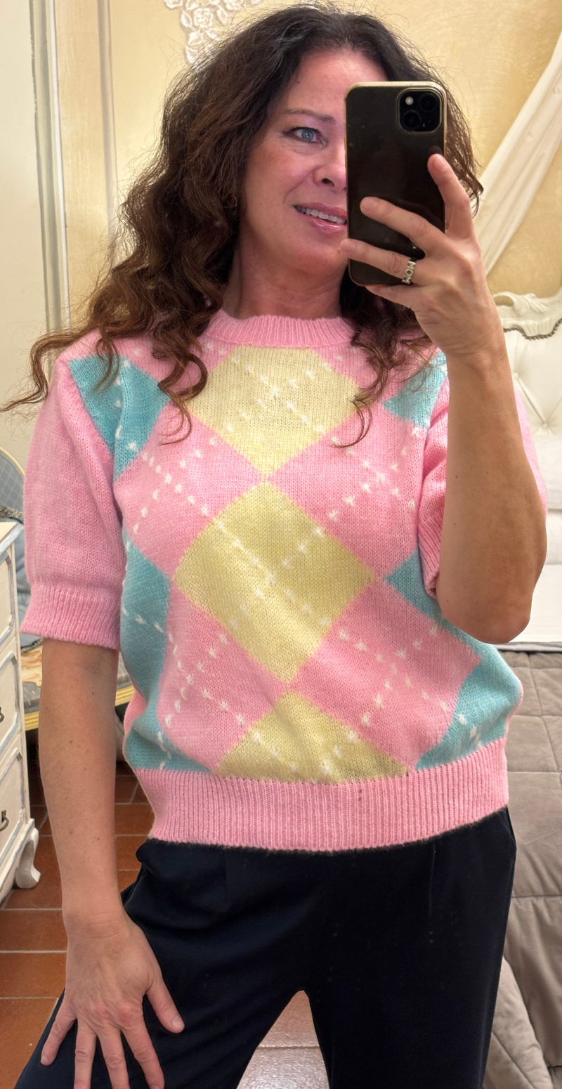 Uma kortærmet strik med harlekin mønster pink LikeLondon