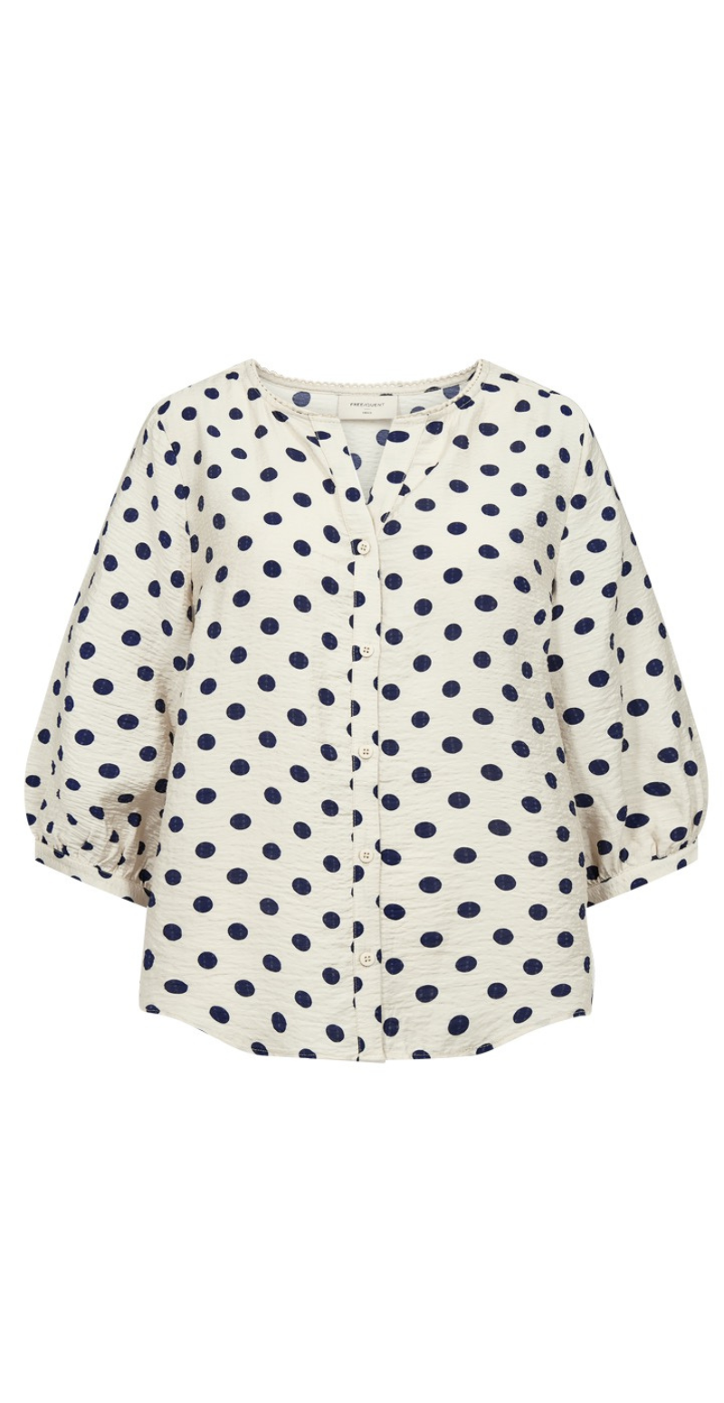 Alma bluse i krepp kvalitet med prikker moonbeam w. navy Freequent