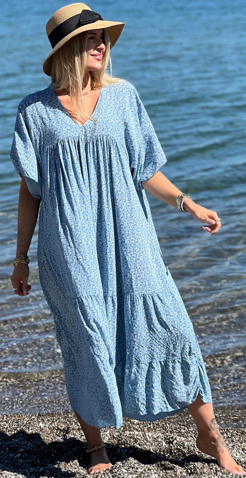 Forudbestil uge 31 Vigga blomstret maxikjole denim LikeLondon