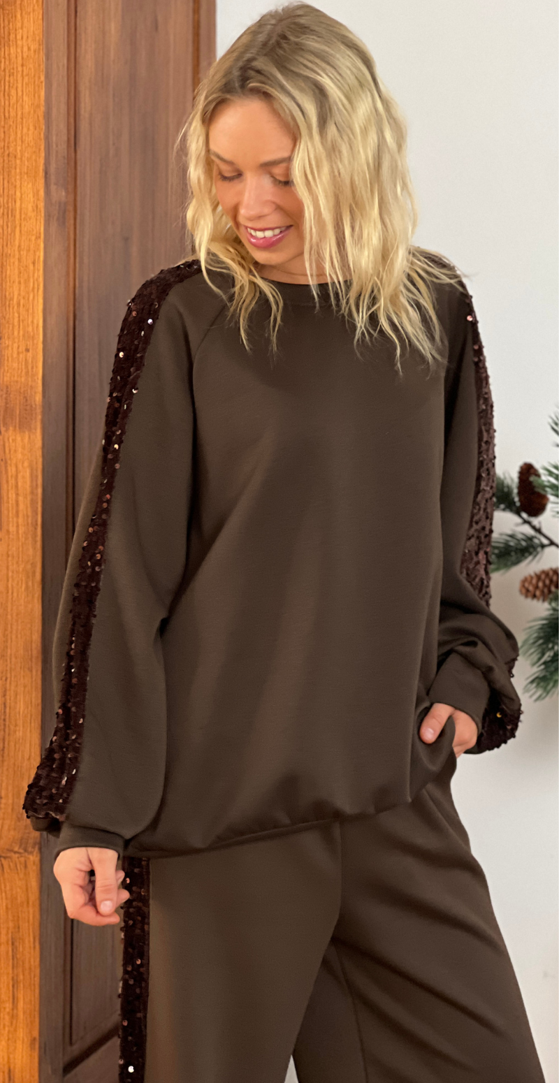 Riley sweatbluse med pailletter brun LikeLondon