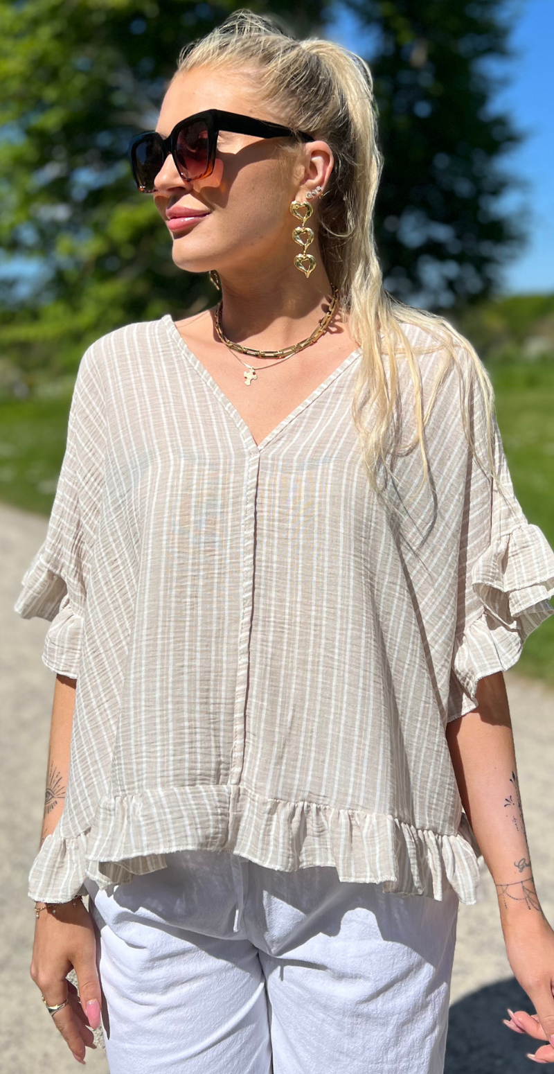 Leonora bluse med striber og bindebånd på ryggen beige LikeLondon