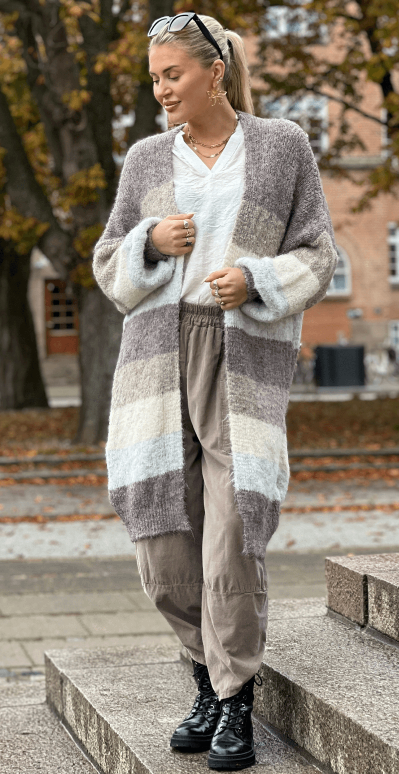 Rita uldcardigan med striber og ribkant fango LikeLondon