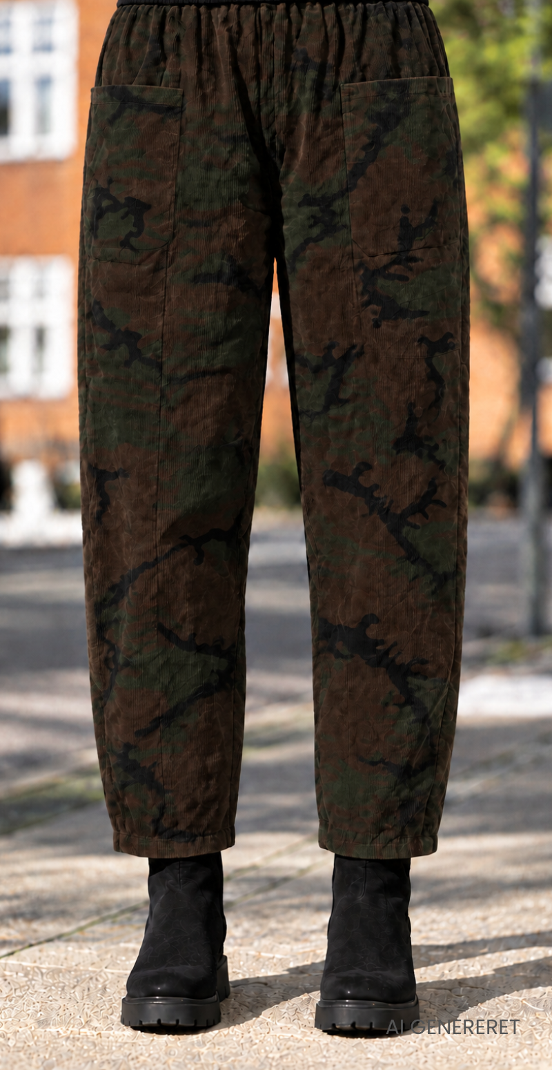 Nella fløjlsbukser med lommer foran og elastik i taljen camouflage brown LikeLondon