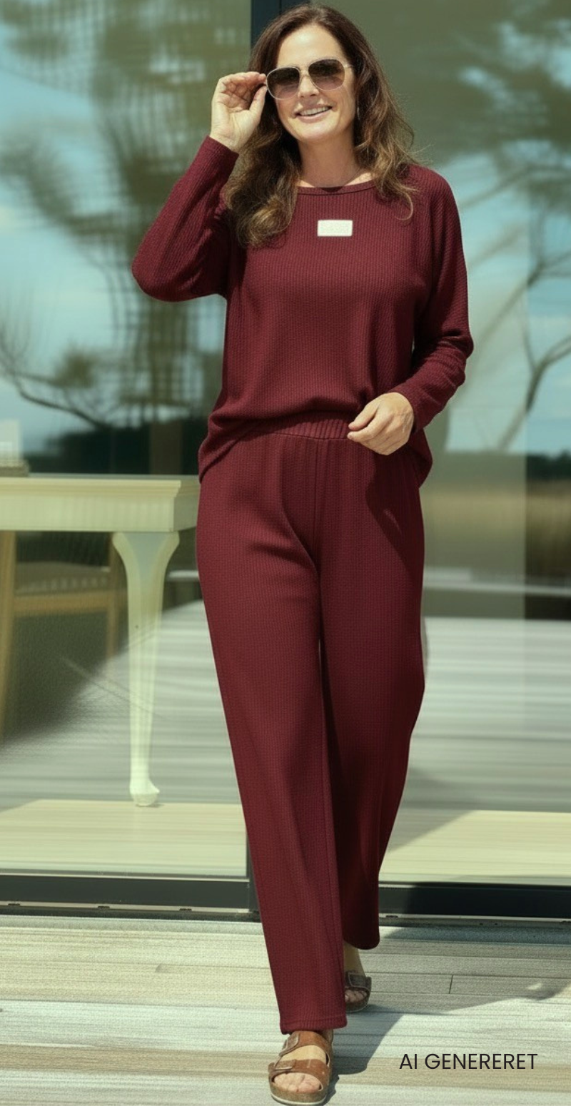 Tessie sæt med struktur og logo fortil bluse og bukser wine LikeLondon