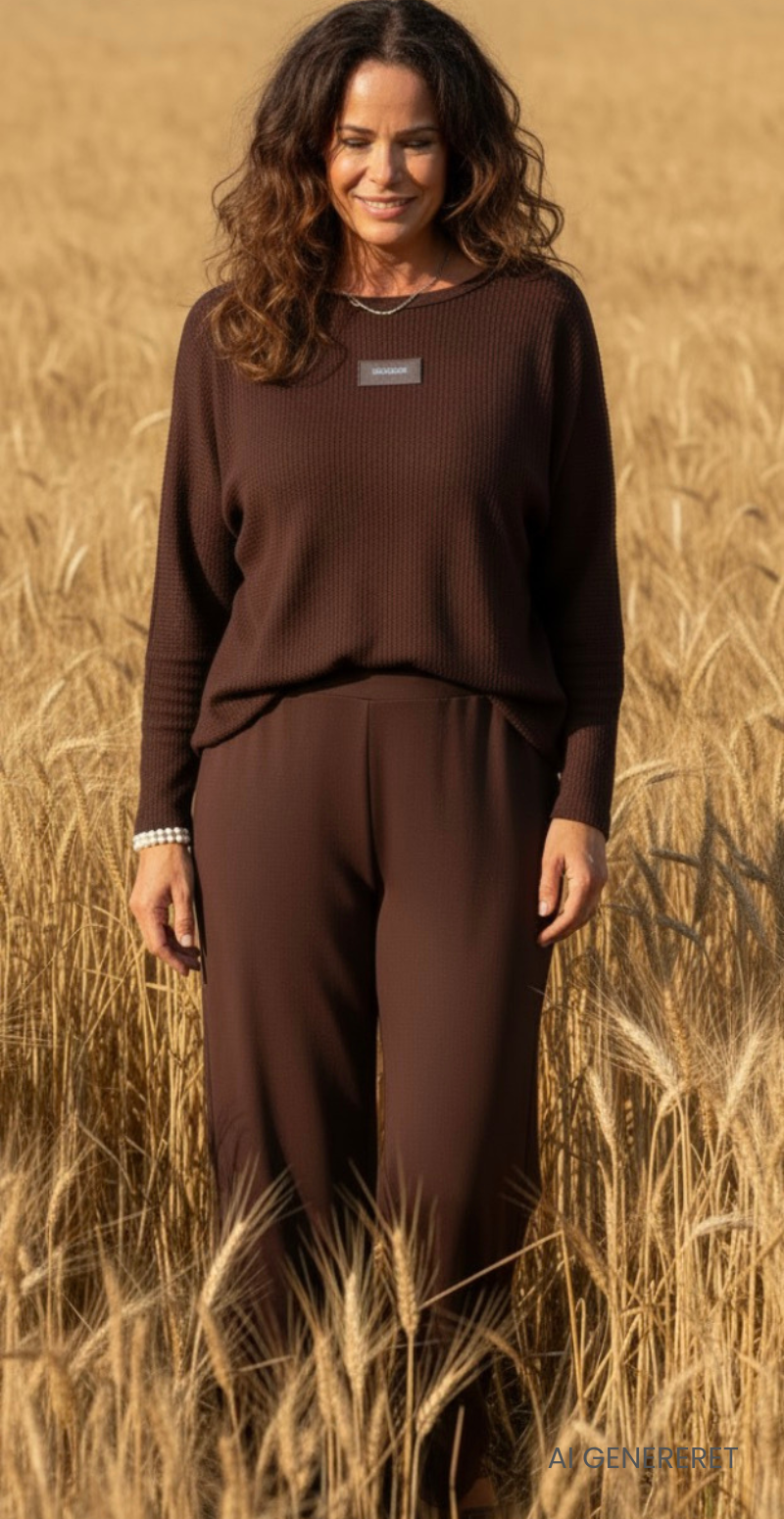 Tessie sæt med struktur og logo fortil bluse og bukser brun LikeLondon