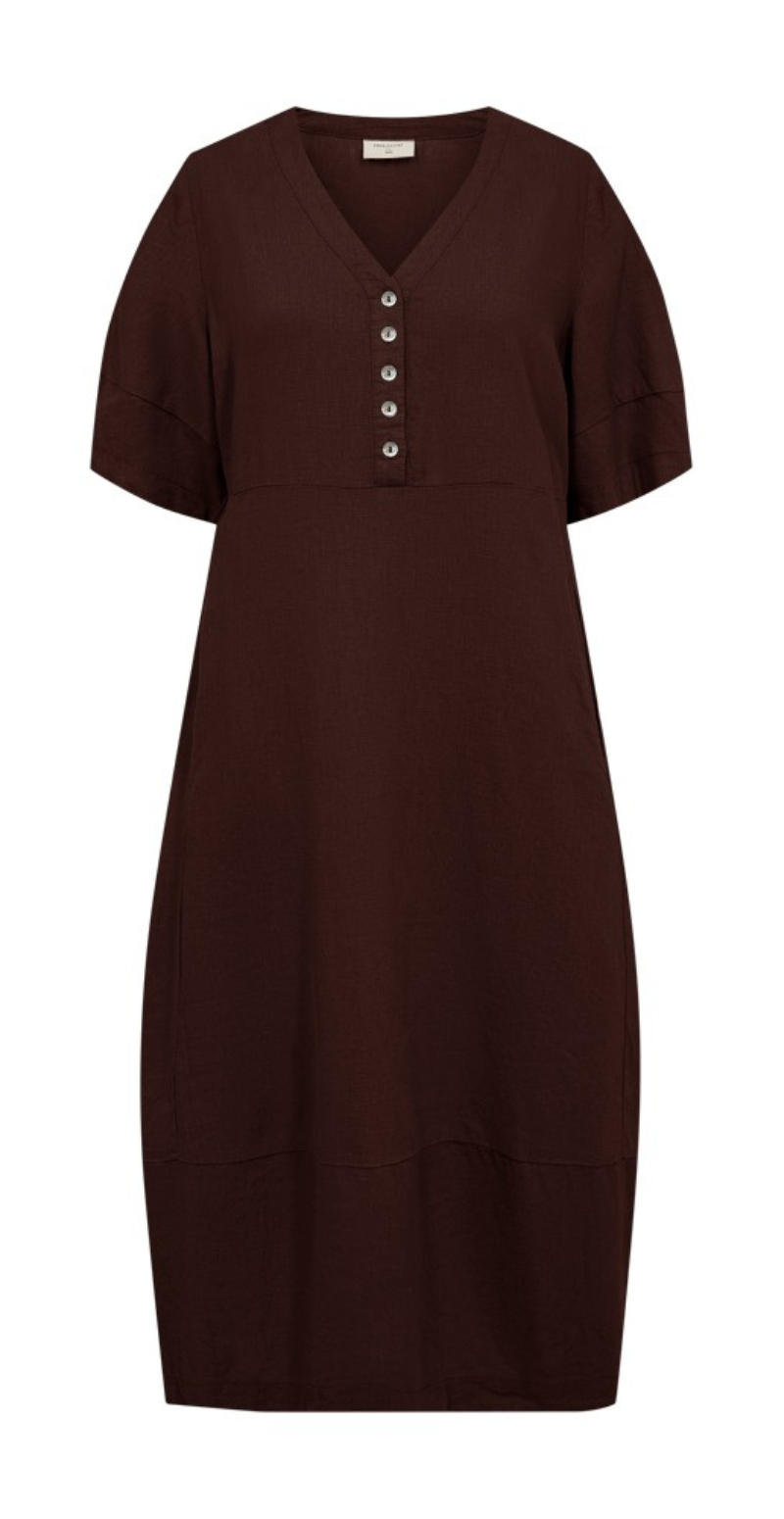 Lava hørkjole med lommer og knapstolpe coffee bean Freequent