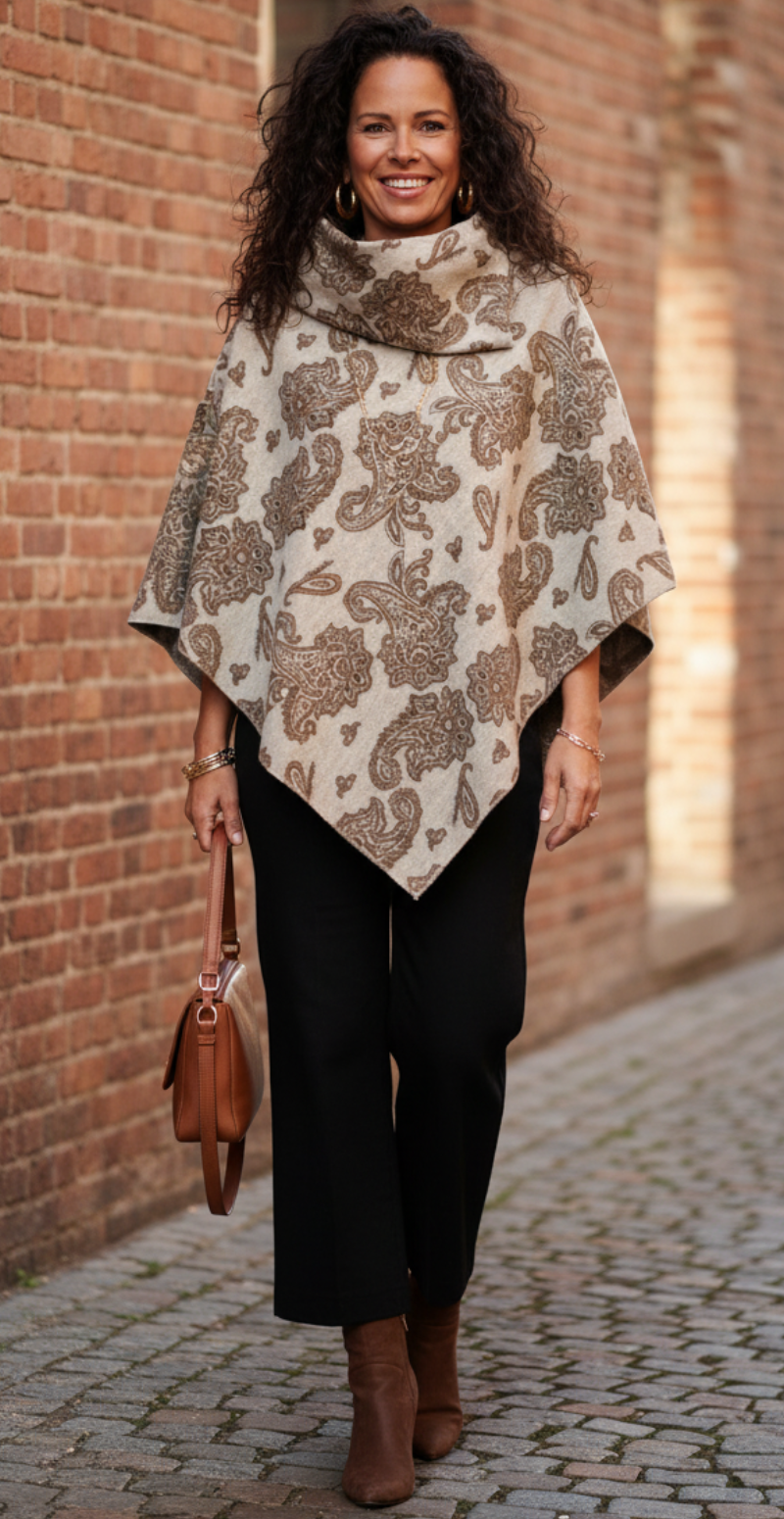 Sienna poncho med paisley mønster beige LikeLondon