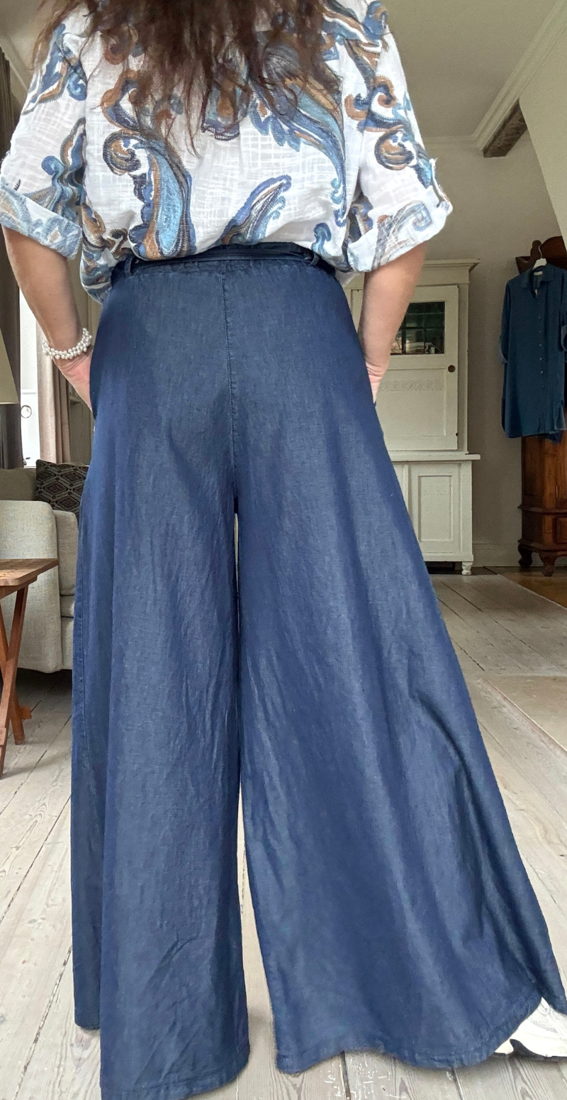 Caro denimbukser med pailletlommer og bindebånd dark denim LikeLondon