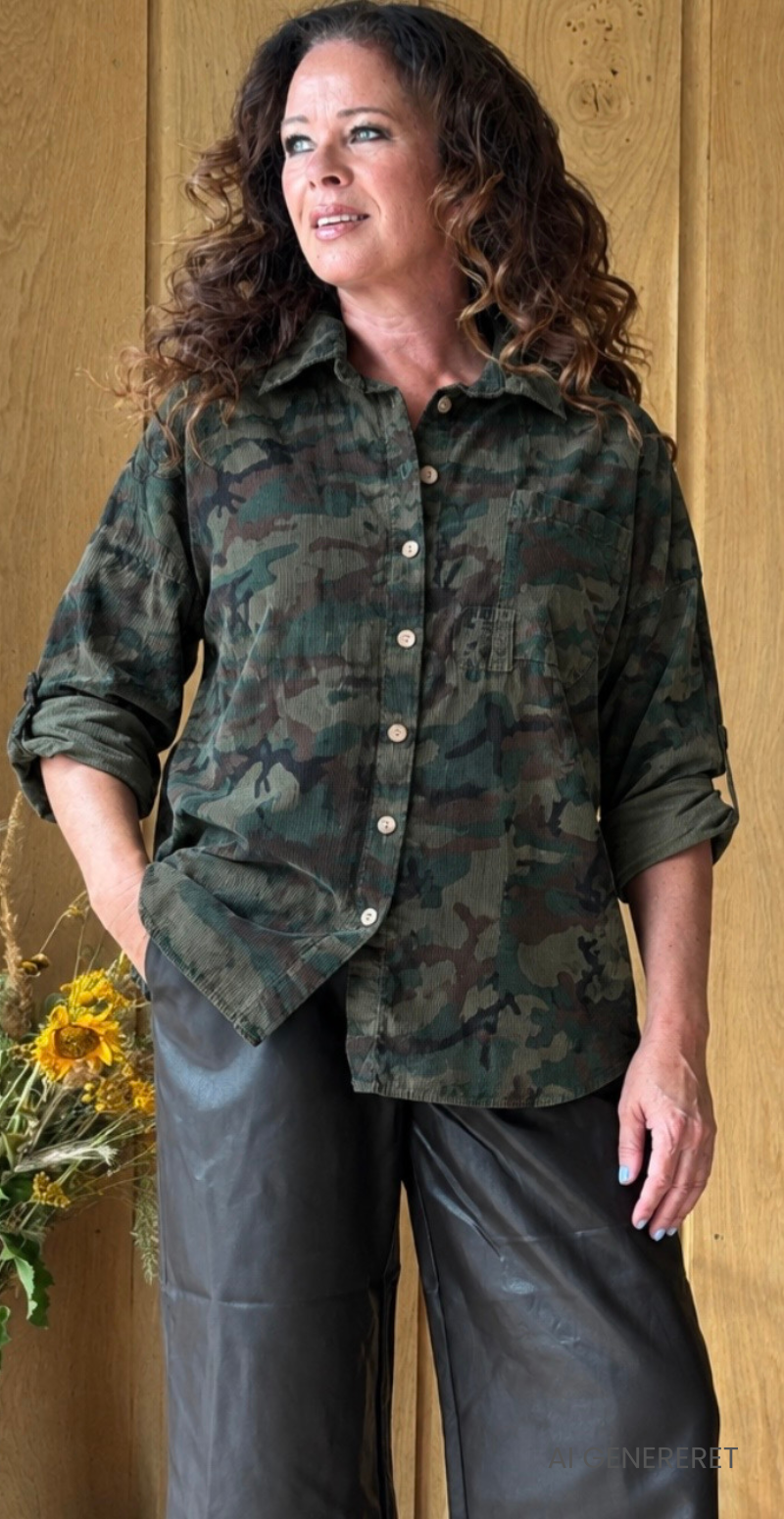 Venia fløjlsskjorte med lomme camouflage green LikeLondon