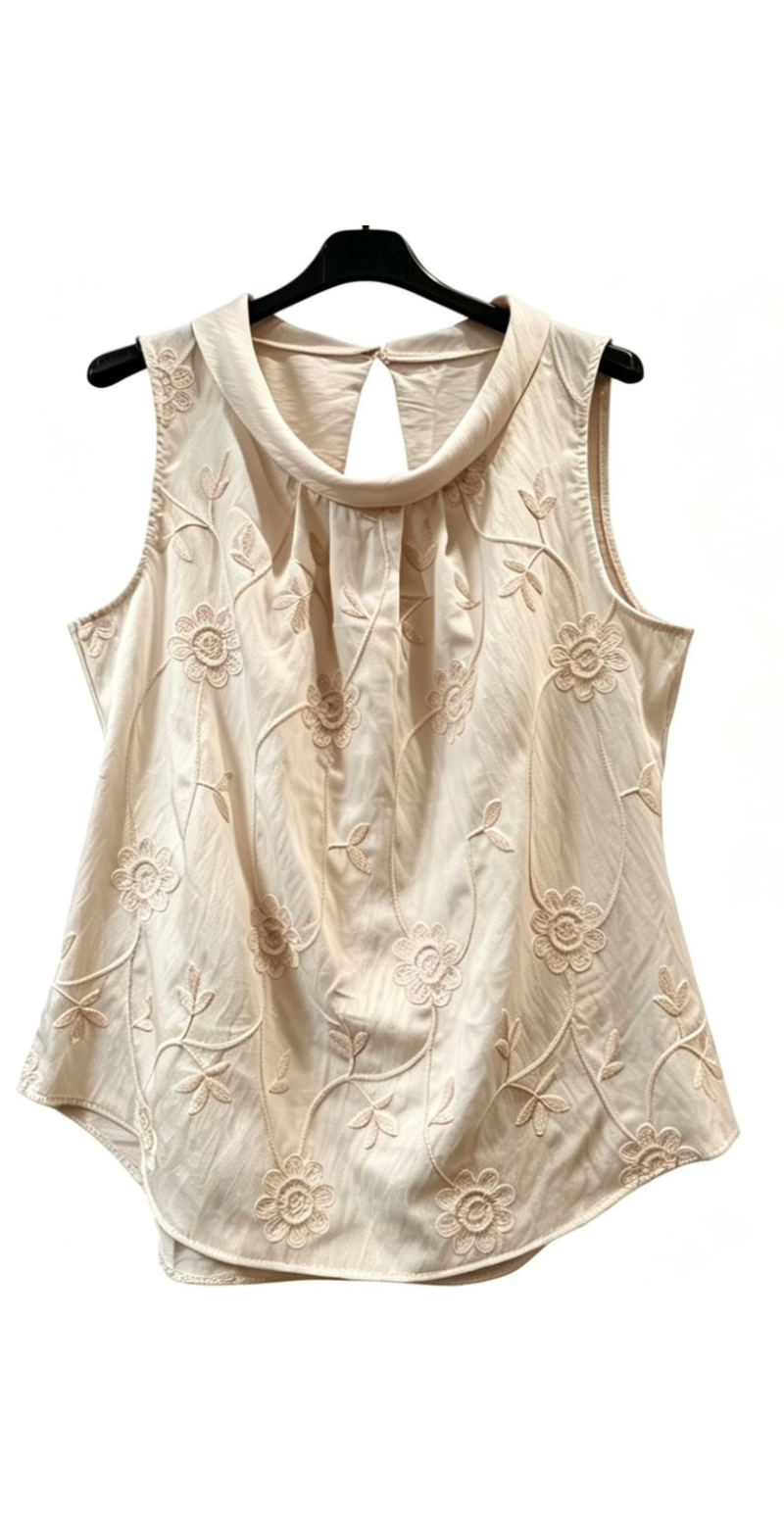 Fiona top med broderede blomster og læg bagpå beige LikeLondon