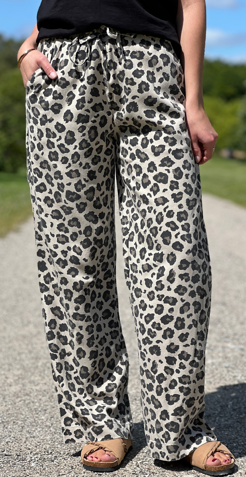 Lavisco hørbukser med leopardprint sand melange w. black