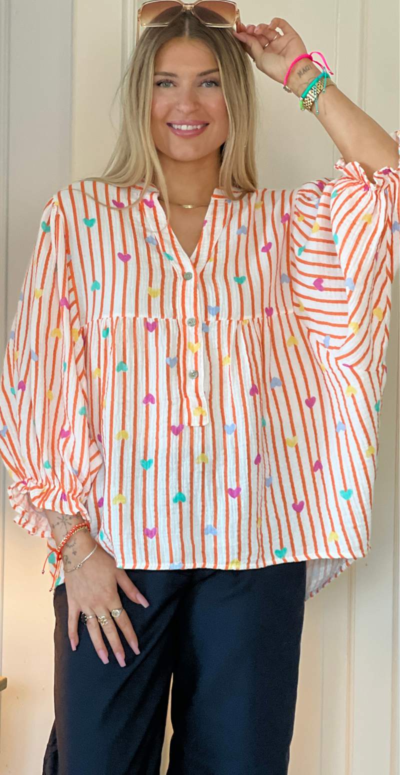 Maryah bluse med striber og hjerter orange LikeLondon