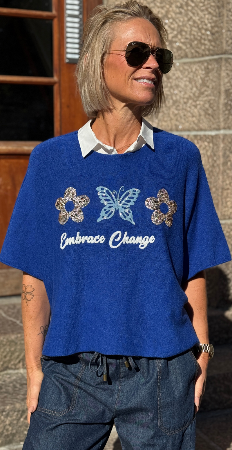 Lonnie strik med 3/4 ærmer og pailletter royal blue LikeLondon