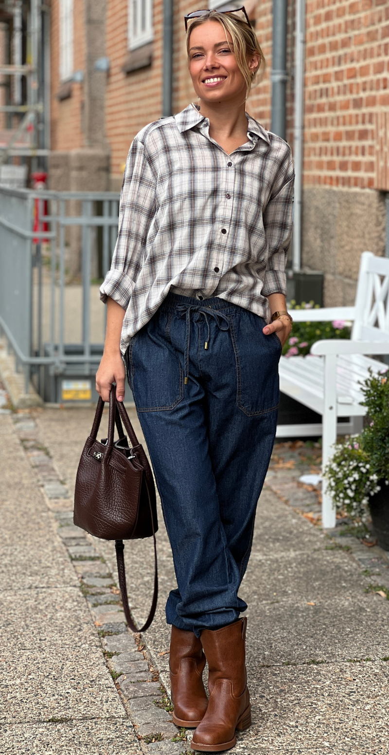 Nerissa skjorte med tern og lange ærmer moonbeam w. chambray blue Freequent