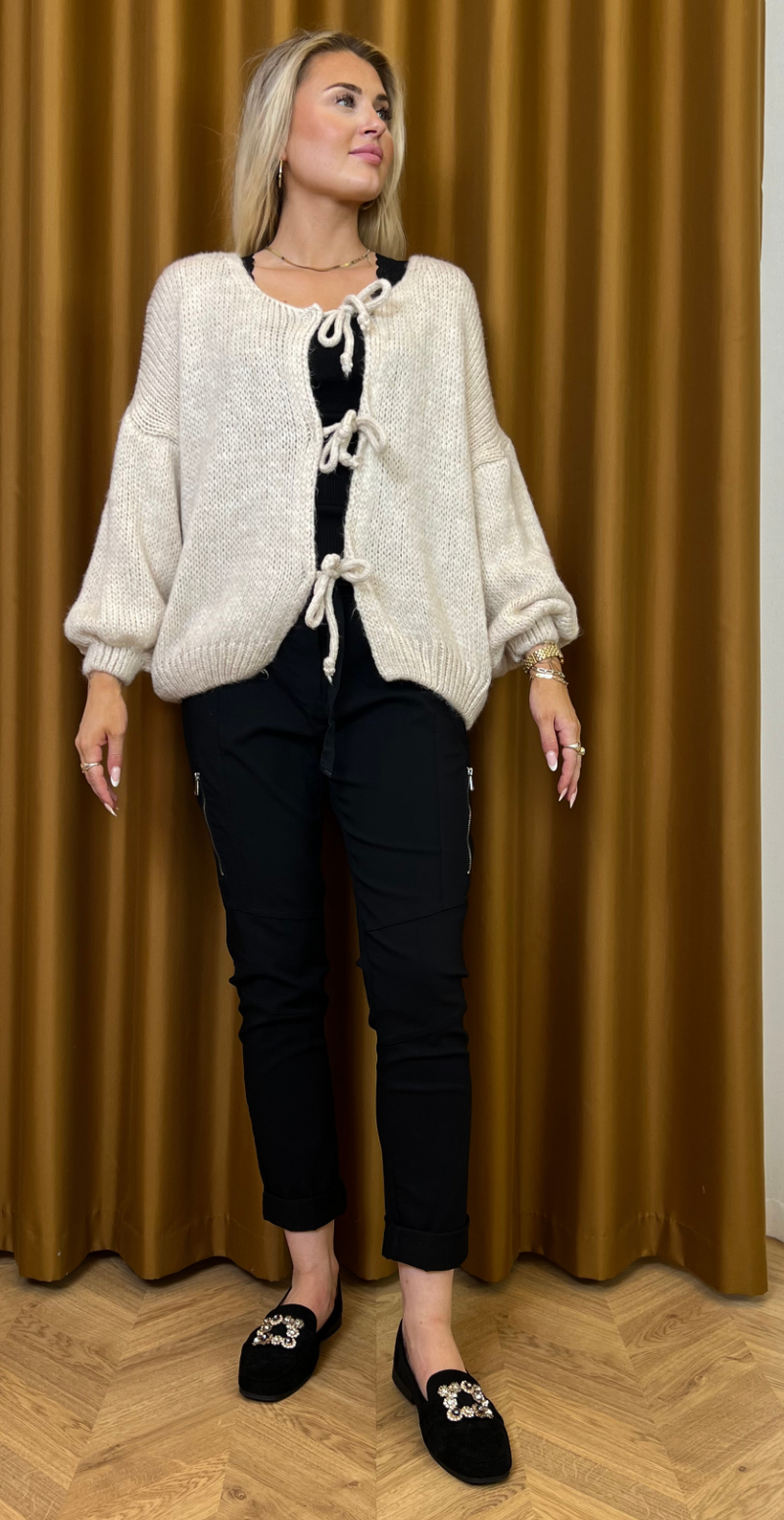 Harper strik cardigan med bindebånd beige LikeLondon