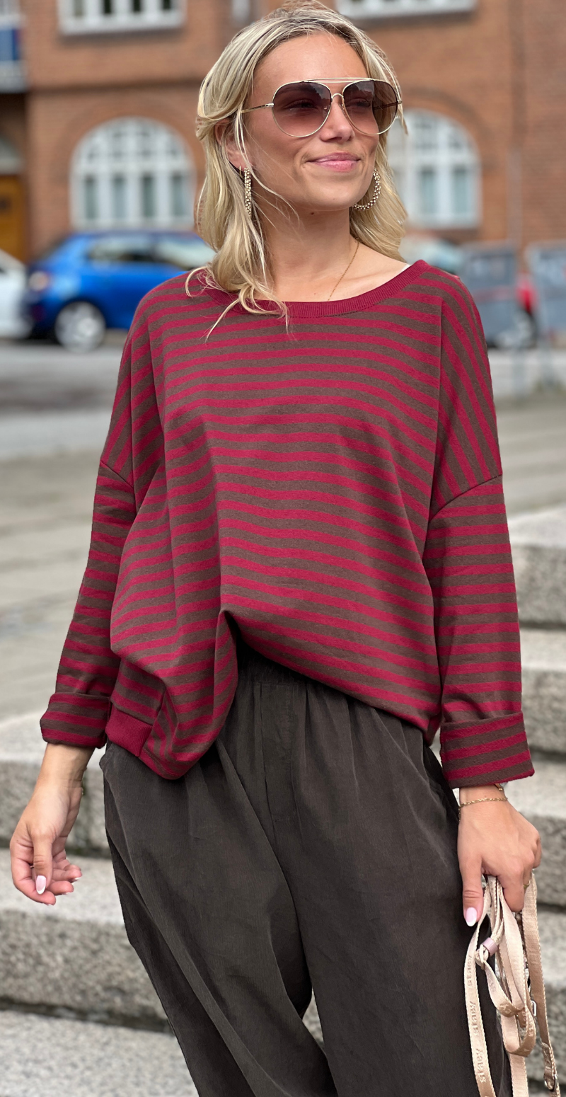 Zenia bluse med lange ærmer og striber old brown/wine red LikeLondon