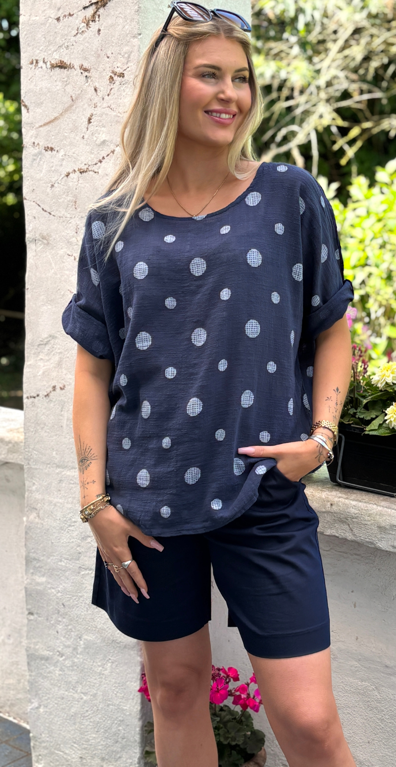 Blair bluse med 3/4 ærme og prikker navy LikeLondon