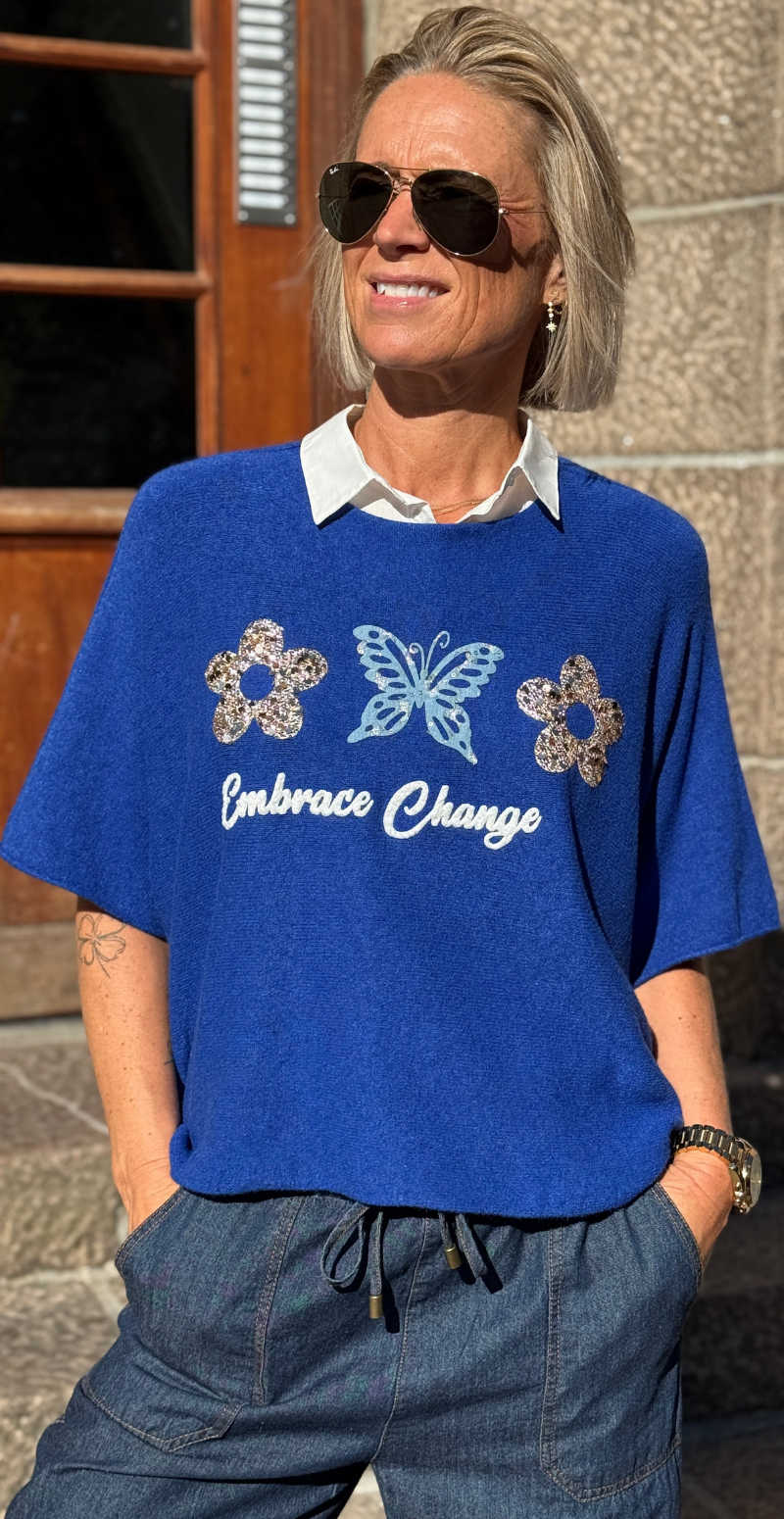 Lonnie strik med 3/4 ærmer og pailletter royal blue LikeLondon