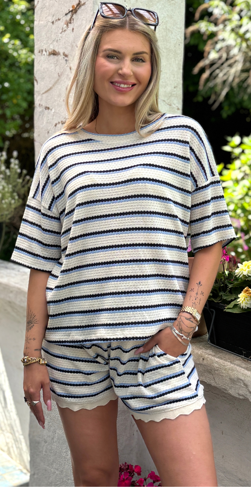 Fanny hæklet bluse med striber blå LikeLondon