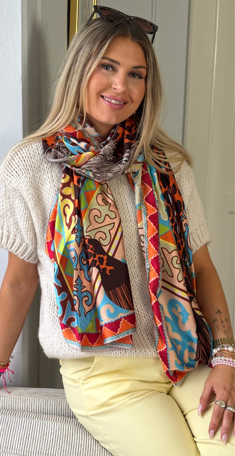 Tørklæde i silk-look med motiv af hest orange/brun LikeLondon