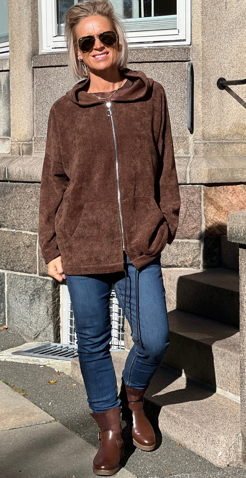 Melissa fløjlscardigan med hætte og lynlås brun LikeLondon