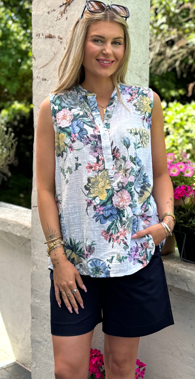 Dorota top med farverige blomster hvid LikeLondon