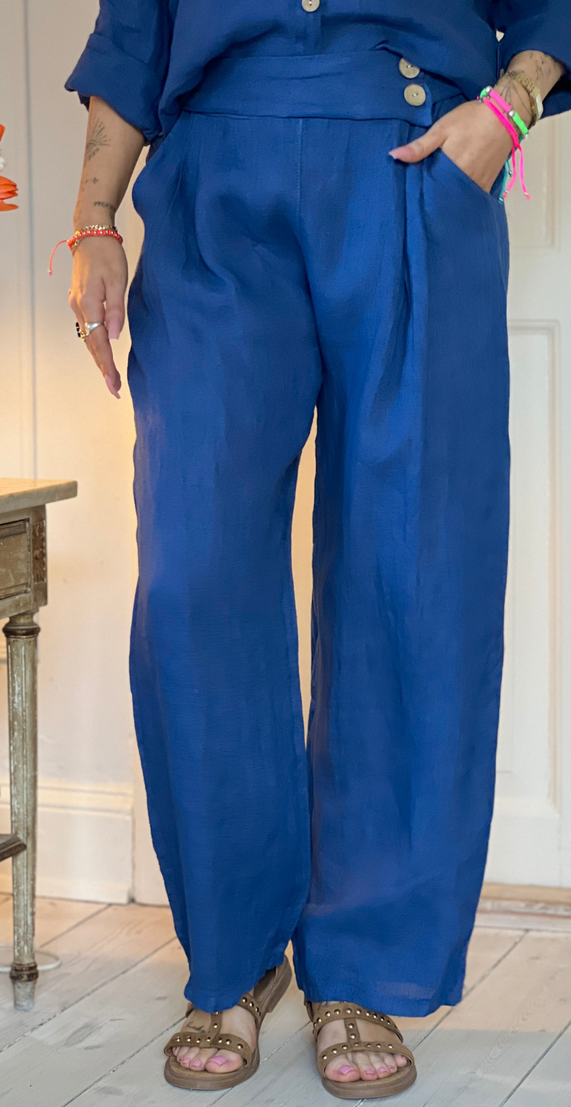 Bicca hørbukser med 2 pynteknapper i taljen blå LikeLondon