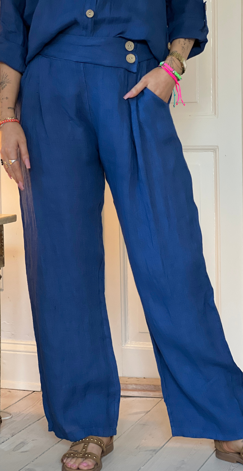 Bicca hørbukser med 2 pynteknapper i taljen blå LikeLondon