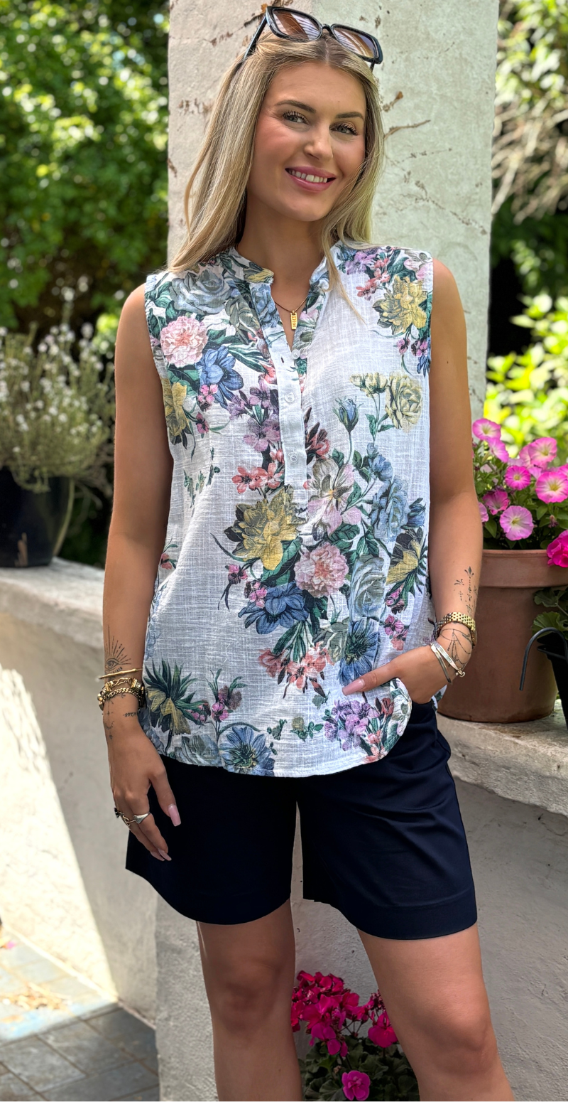 Dorota top med farverige blomster hvid LikeLondon