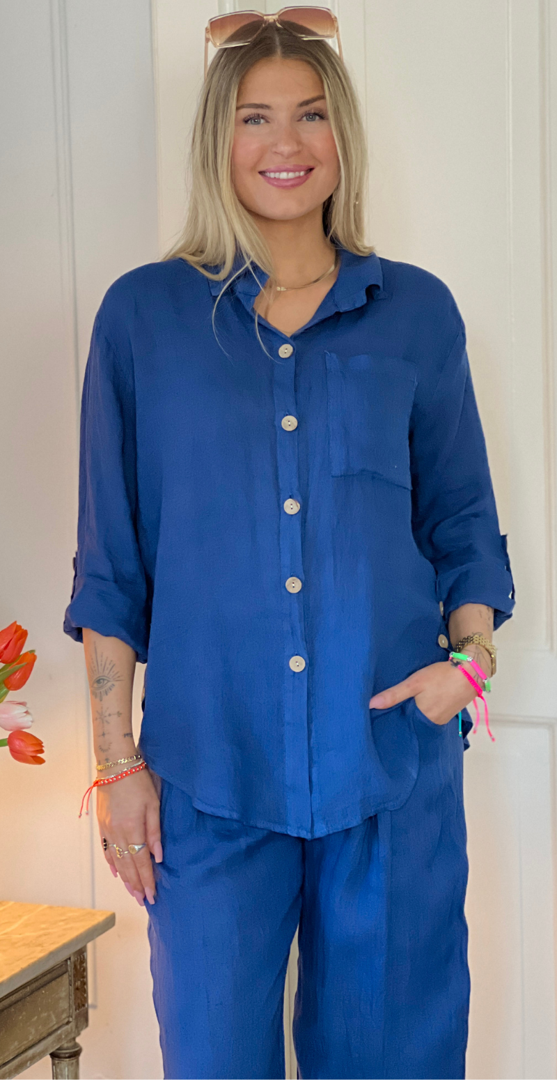 Bicca hørskjorte med brystlomme og pynteknapper blå LikeLondon