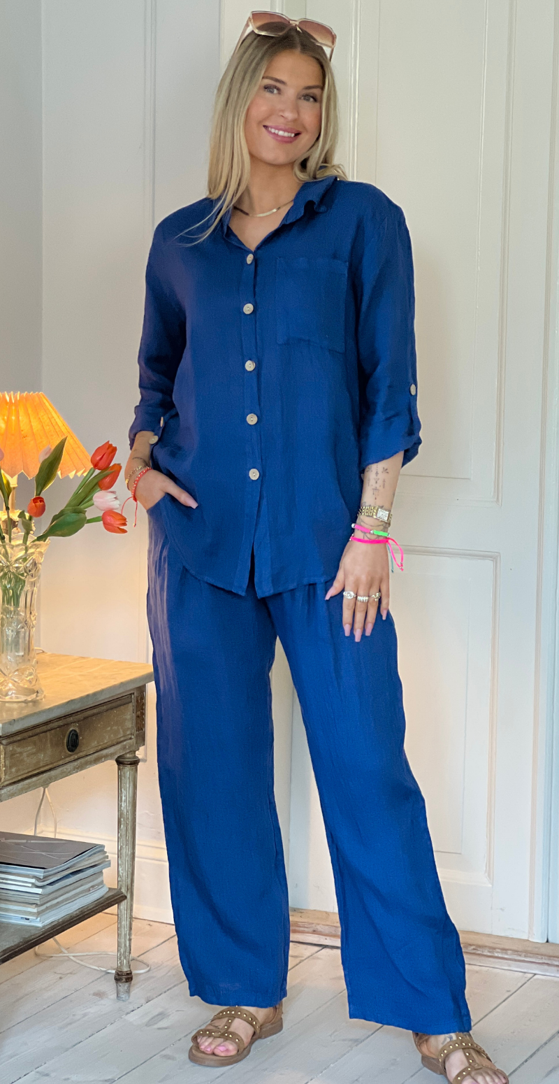 Bicca hørbukser med 2 pynteknapper i taljen blå LikeLondon