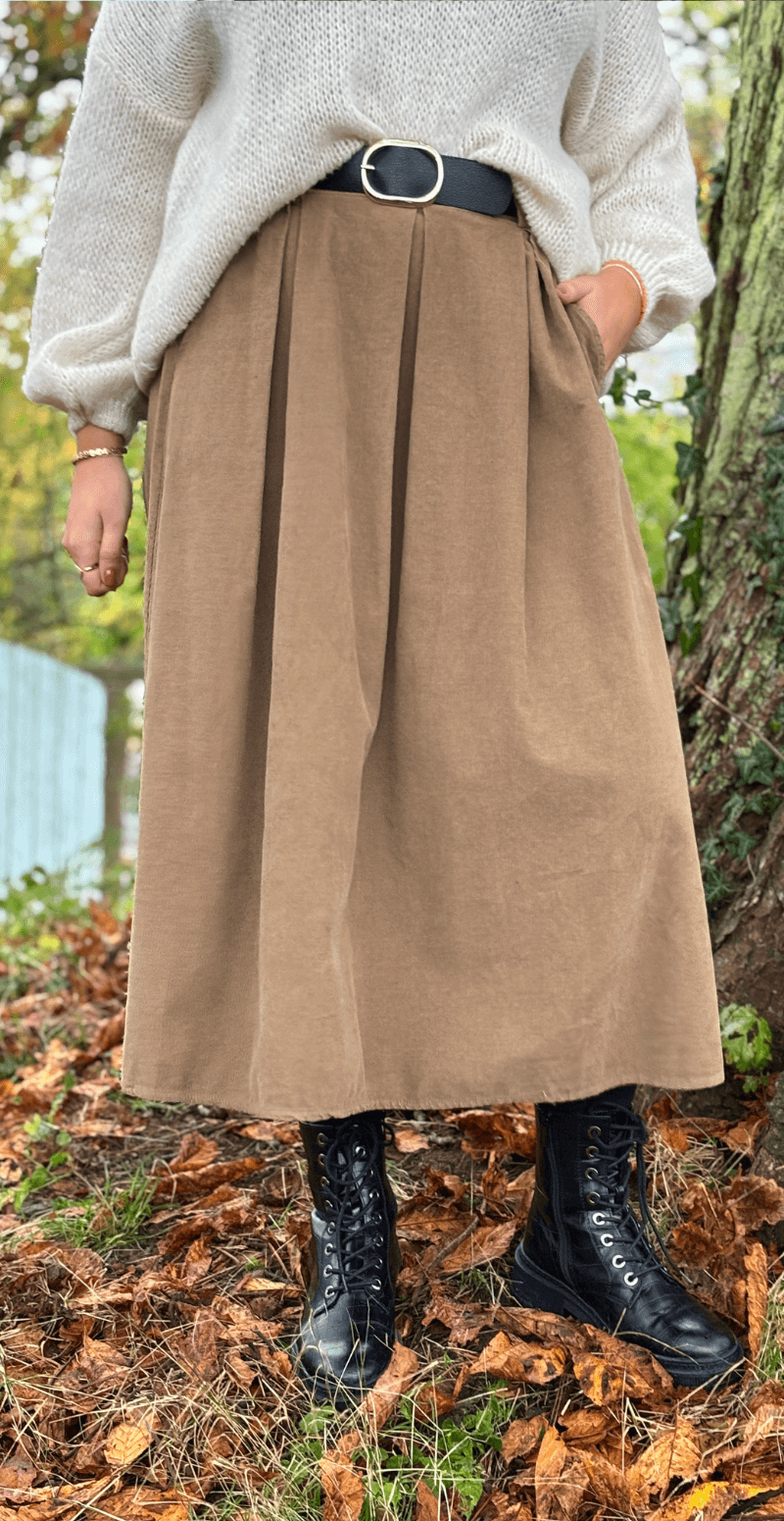 Forudbestil uge 46 Baily fløjlsnederdel med lommer og bælte camel LikeLondon