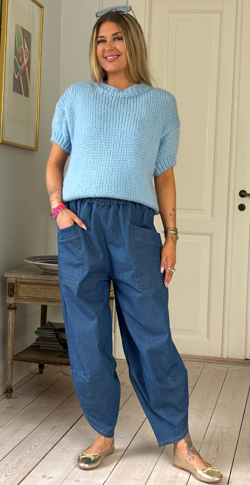 Ivana strik med korte ærmer og ribkanter sky LikeLondon