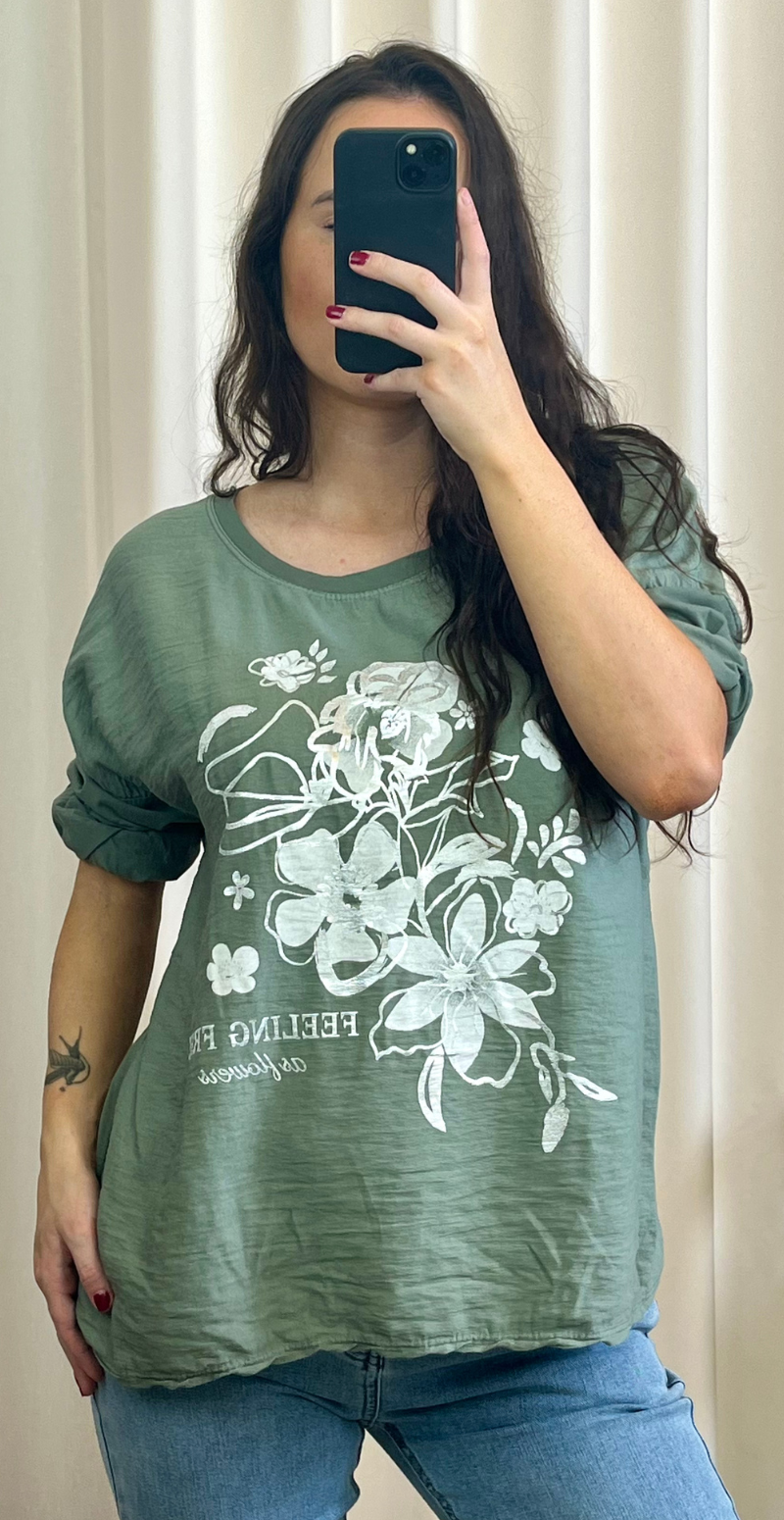 Lena bluse med sølv blomstermotiv khaki LikeLondon