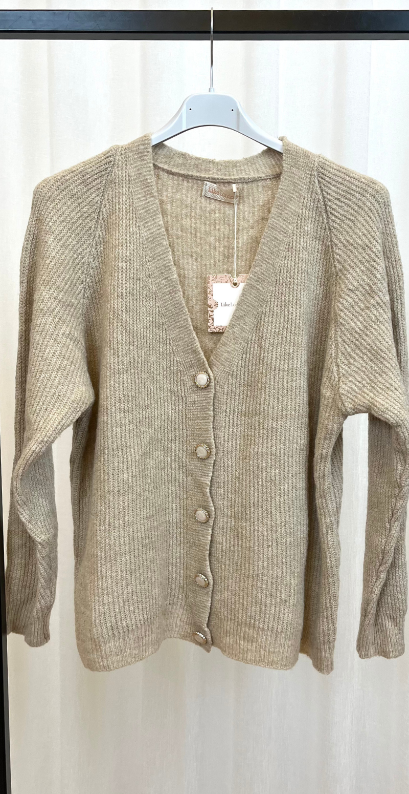 Zophia uldcardigan med V-hals og perlemorsknapper beige LikeLondon
