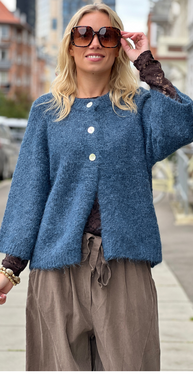 Lulu ensfarvet cardigan med 3/4 ærmer moonlit ocean melange Freequent