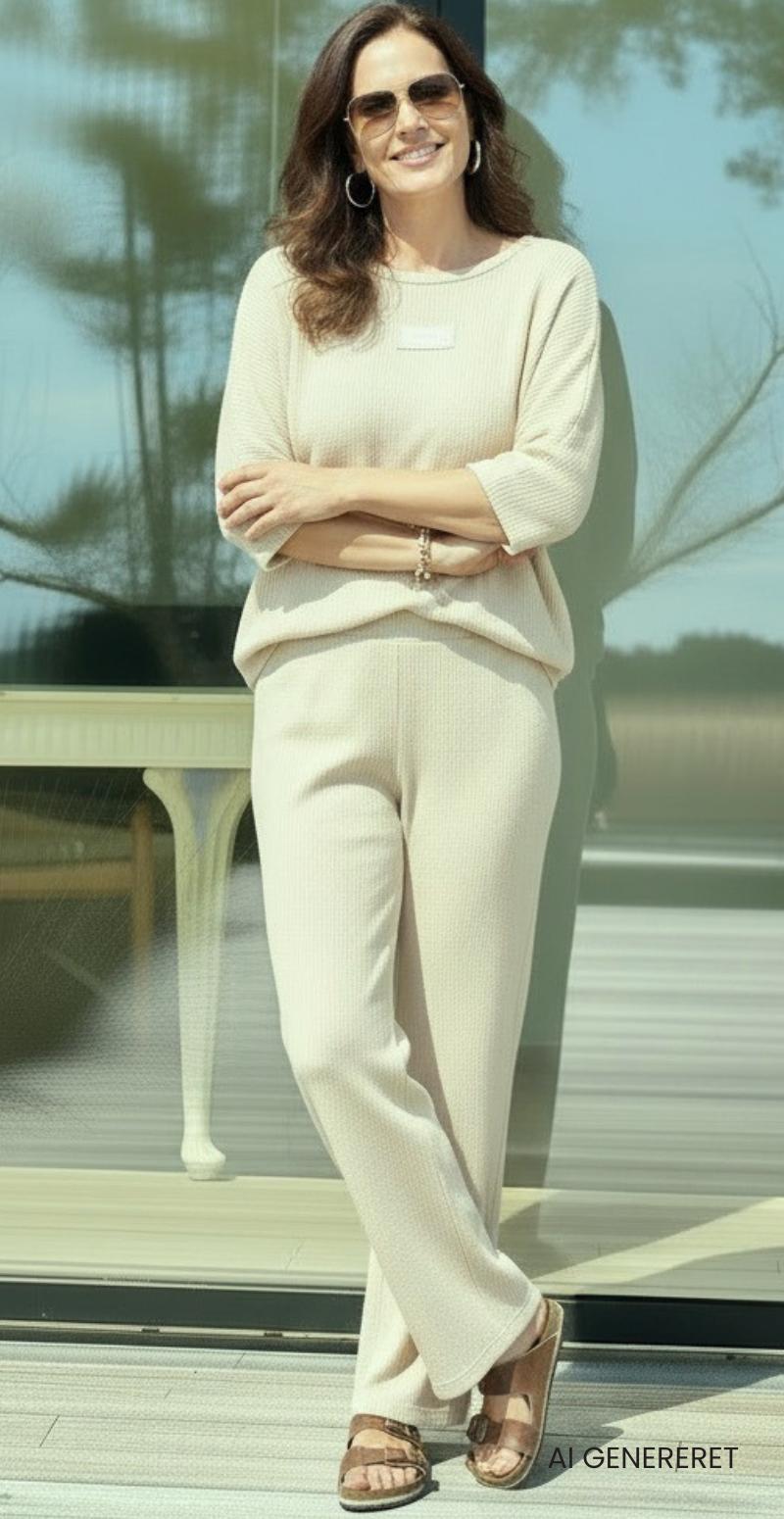 Tessie sæt med struktur og logo fortil bluse og bukser beige LikeLondon