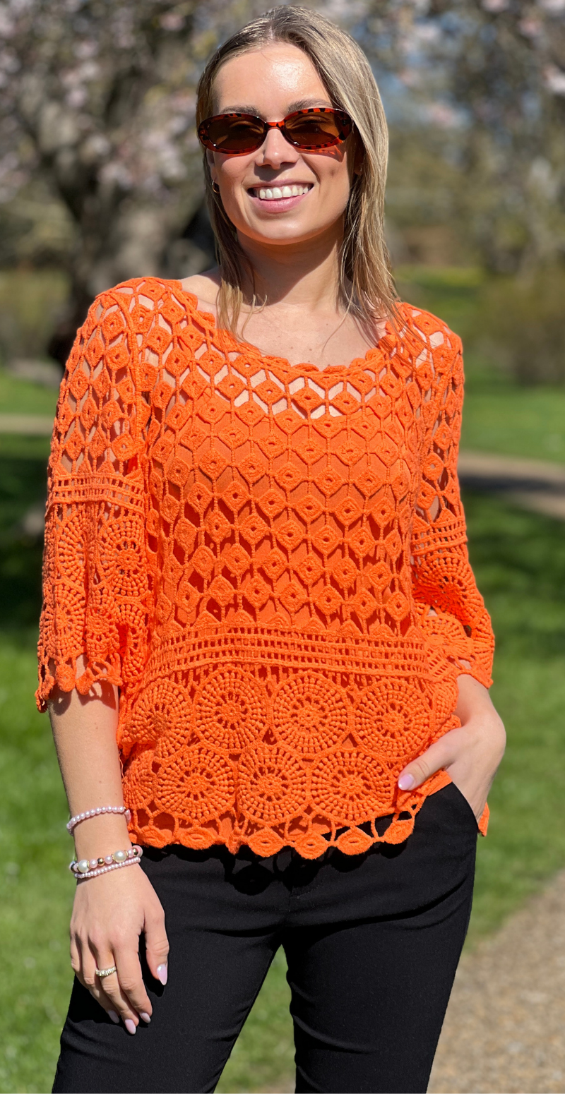 Alisa hæklet bluse med indertop orange LikeLondon