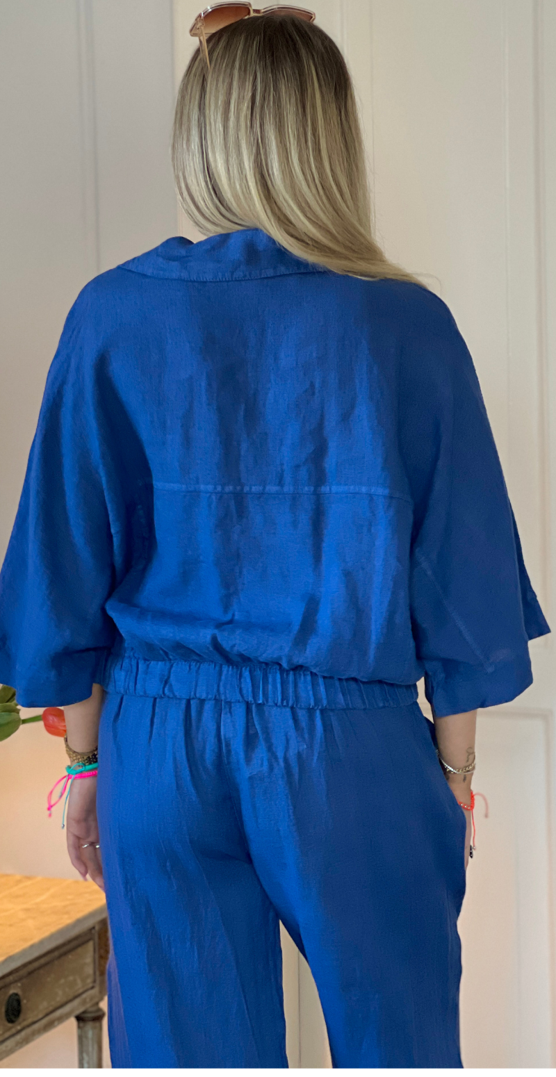 Bicca hørskjorte med elastikkant og gennemknappet blå LikeLondon