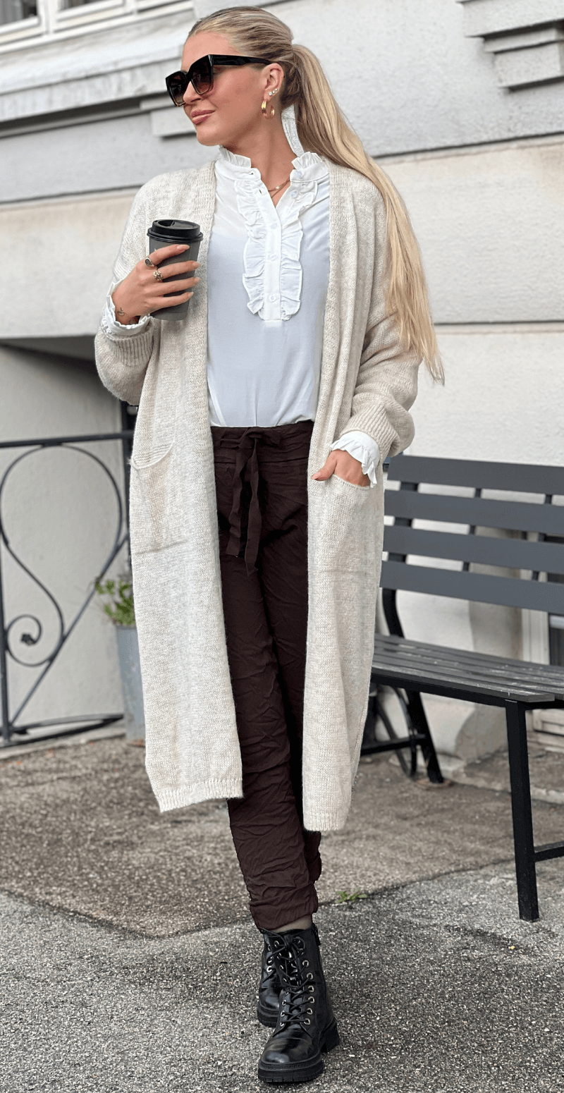 Forudbestil uge 40 Ramona lang strik cardigan med hest på ryggen beige LikeLondon