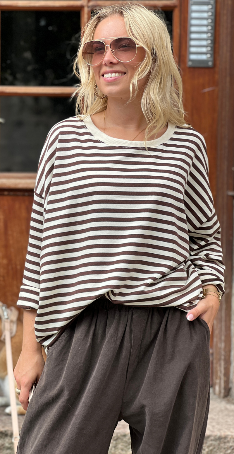 Zenia bluse med lange ærmer og striber old brown LikeLondon