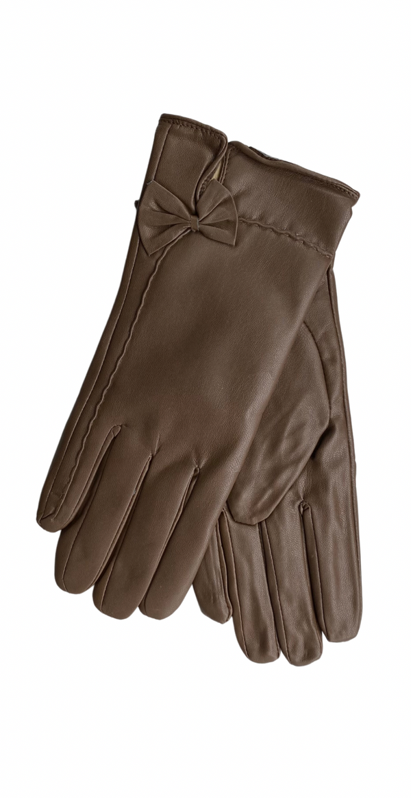 Handske i læderlook m. sløjfe lys brun Likelondon