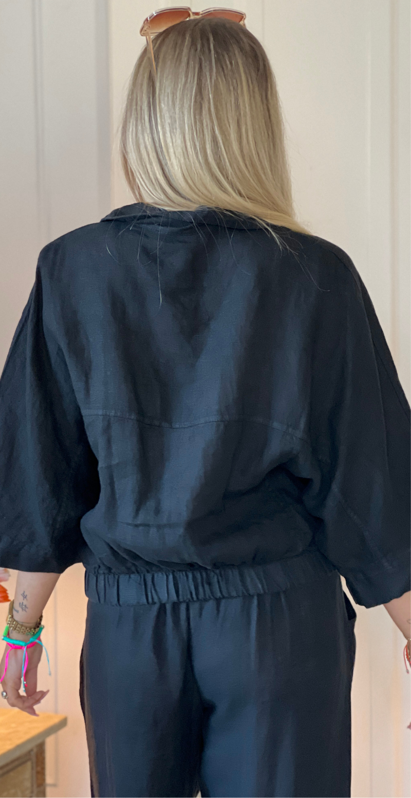 Bicca hørskjorte med elastikkant og gennemknappet sort LikeLondon