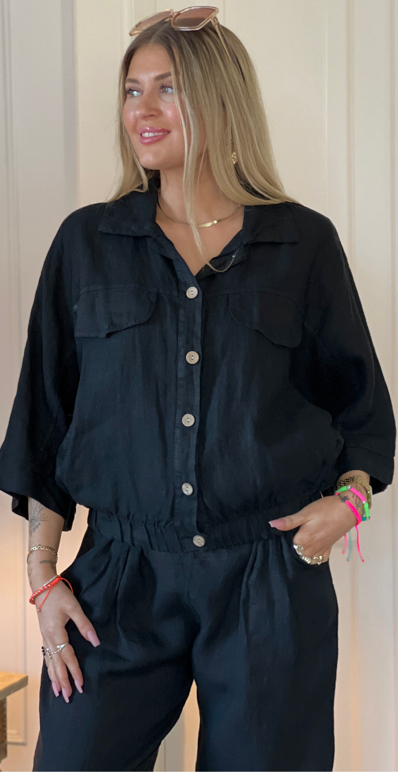 Bicca hørskjorte med elastikkant og gennemknappet sort LikeLondon