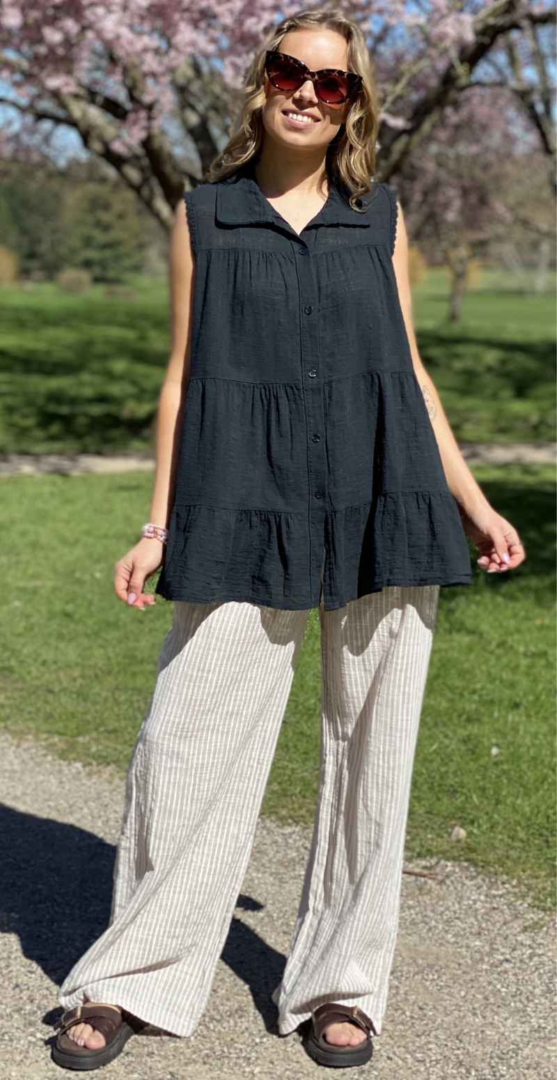 Rinda bluse uden ærmer med peplum og hæklede detaljer sort LikeLondon